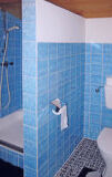 a blue tiled shower and sink